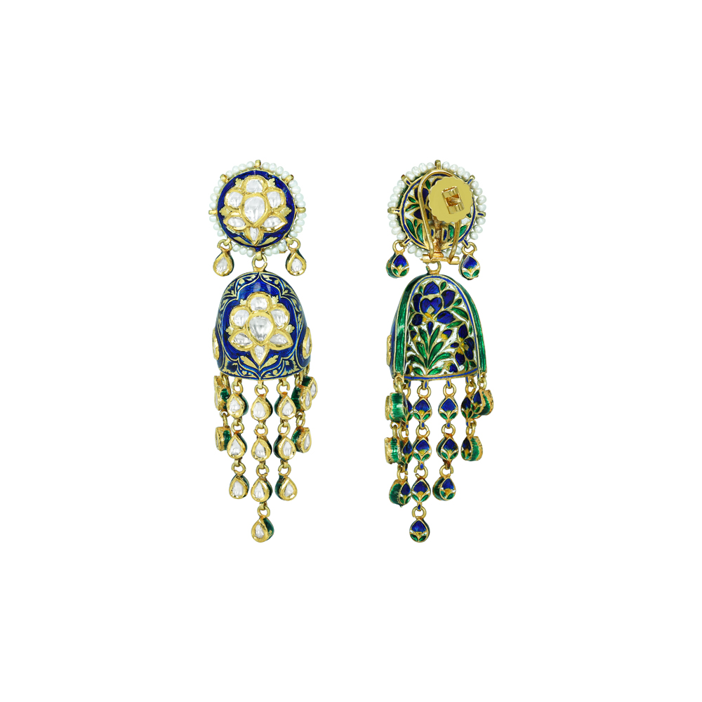 Polki Earrings with Blue Enamel Floral Motifs and Pearl Drops